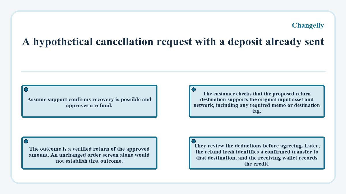 A hypothetical cancellation request with a deposit already sent: Assume support confirms recovery is possible and approves a refund.; The customer checks that the proposed return destination supports the original input asset and network, including any required memo or destination tag.; They review the deductions before agreeing. Later, the refund hash identifies a confirmed transfer to that destination, and the receiving wallet records the credit.; The outcome is a verified return of the approved amount. An unchanged order screen alone would not establish that outcome.