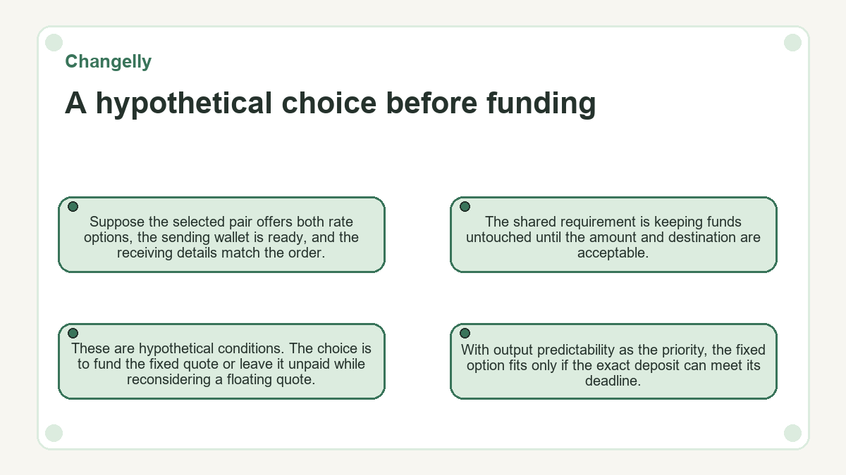 A hypothetical choice before funding: Suppose the selected pair offers both rate options, the sending wallet is ready, and the receiving details match the order.; These are hypothetical conditions. The choice is to fund the fixed quote or leave it unpaid while reconsidering a floating quote.; The shared requirement is keeping funds untouched until the amount and destination are acceptable.; With output predictability as the priority, the fixed option fits only if the exact deposit can meet its deadline.